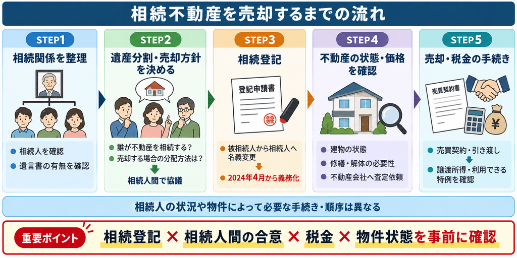相続不動産の売却までを、相続関係の整理、遺産分割・売却方針の決定、相続登記、物件状態・価格の確認、売却・税金手続きの5ステップで示した図