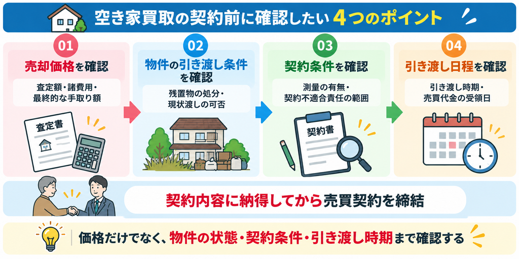 空き家買取の契約前に、売却価格、物件の引き渡し条件、契約条件、引き渡し日程の4項目を確認し、納得してから契約する流れを示した図解。