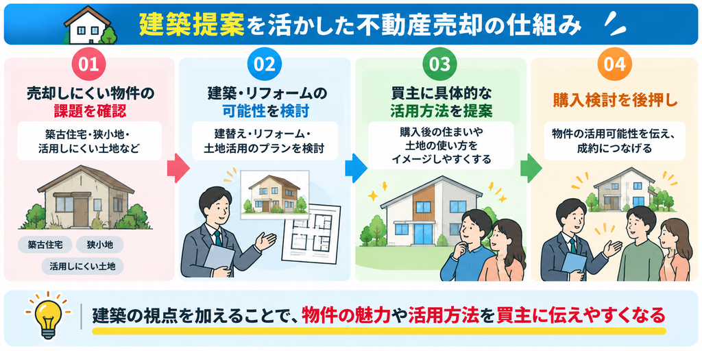 売却しにくい物件の課題を確認し、建替えやリフォームなどの可能性を検討して買主へ具体的な活用方法を提案し、購入検討につなげる流れを示した図解。
