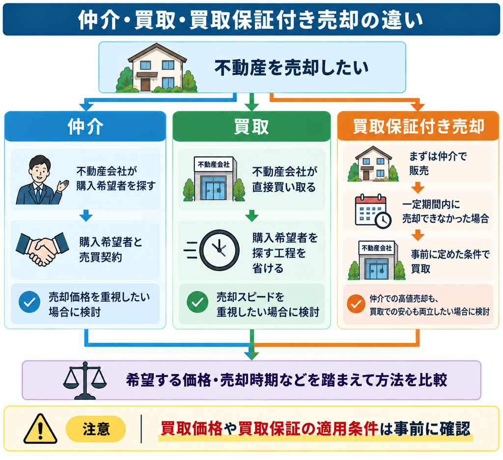 不動産売却における仲介・買取・買取保証付き売却の仕組みを比較し、売却価格や売却時期などの希望に応じて方法を検討するポイントを示した図。