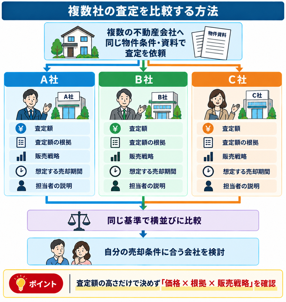 複数の不動産会社へ同じ条件で査定を依頼し、査定額・査定根拠・販売戦略・売却期間・担当者の説明を横並びで比較する方法を示した図。