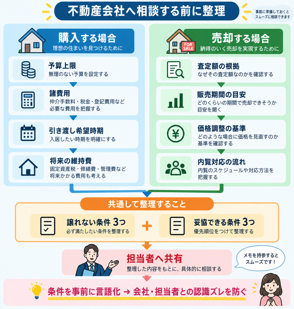 不動産会社への相談前に、購入では予算上限・諸費用・引き渡し希望時期・将来の維持費、売却では査定額の根拠・販売期間・価格調整・内覧対応を整理し、譲れない条件と妥協できる条件を担当者へ共有する流れ。