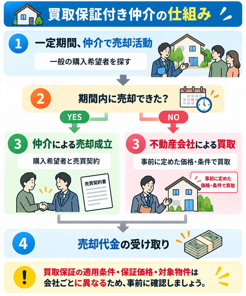買取保証付き仲介で一定期間の仲介活動を行い、期間内に成立すれば仲介、成立しなければ不動産会社が事前に定めた条件で買い取り、代金を受け取る流れを示した図解。